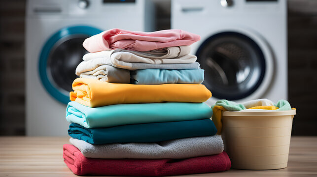Folded laundry beside washing machines